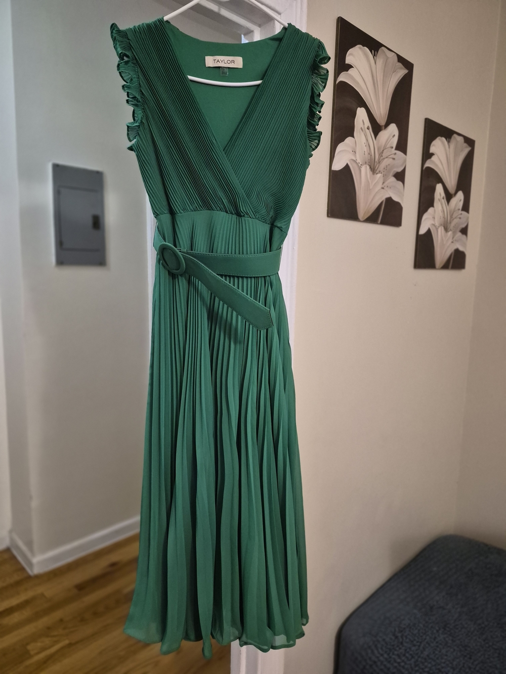 Taylor Green Pleated Midi Dress with Belt
